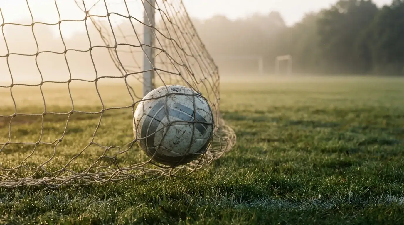Ein Fussball liegt im Netz hinter einem Tor, weicher Morgennebel hängt über dem Rasen
