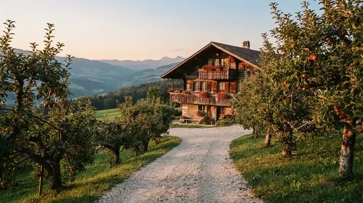 Ein Kiesweg führt durch einen Obstgarten zu einem Bauernhaus mit Holzbalkon, über dem Tal liegt Abendlicht