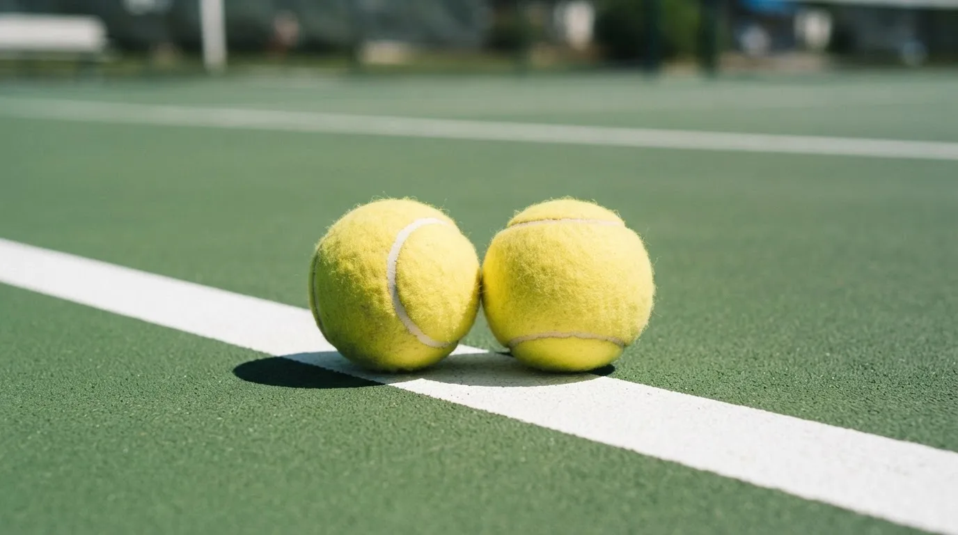 Zwei Tennisbälle liegen auf der weissen Grundlinie eines Hartplatzes im grellen Sonnenlicht.