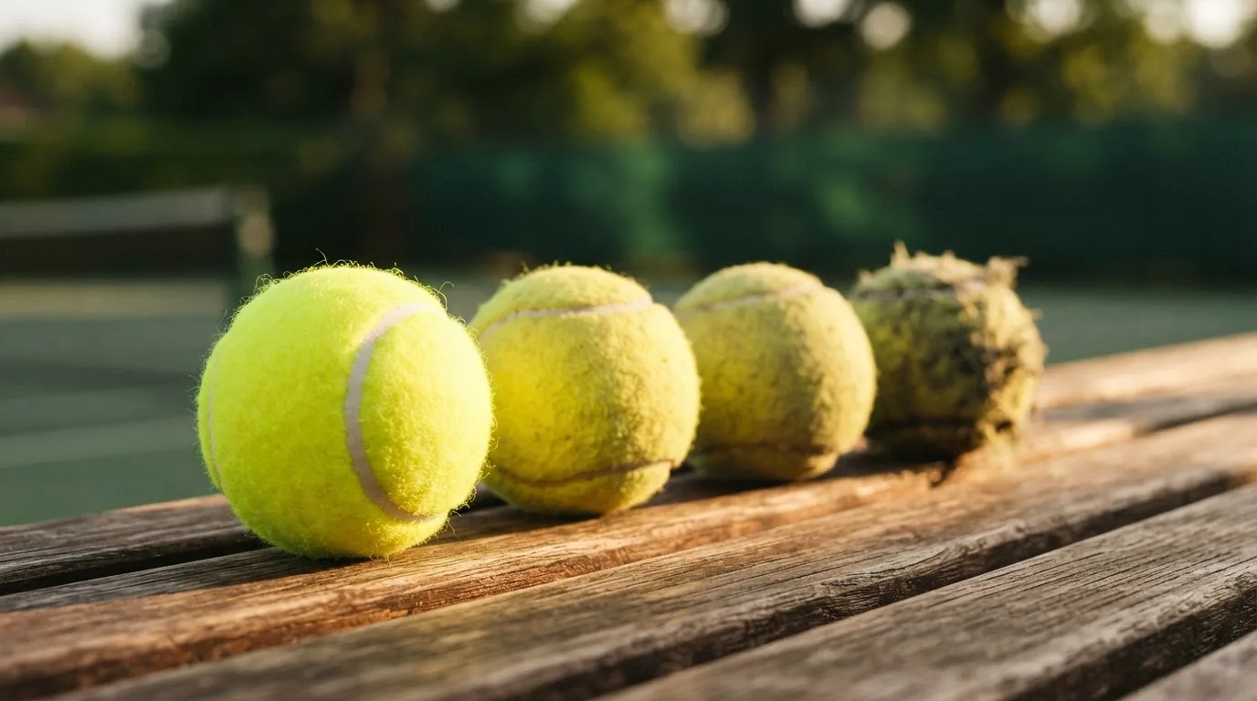 Vier Tennisbälle liegen in einer Reihe auf einer Holzbank, vom neuwertigen bis zum abgenutzten Ball.