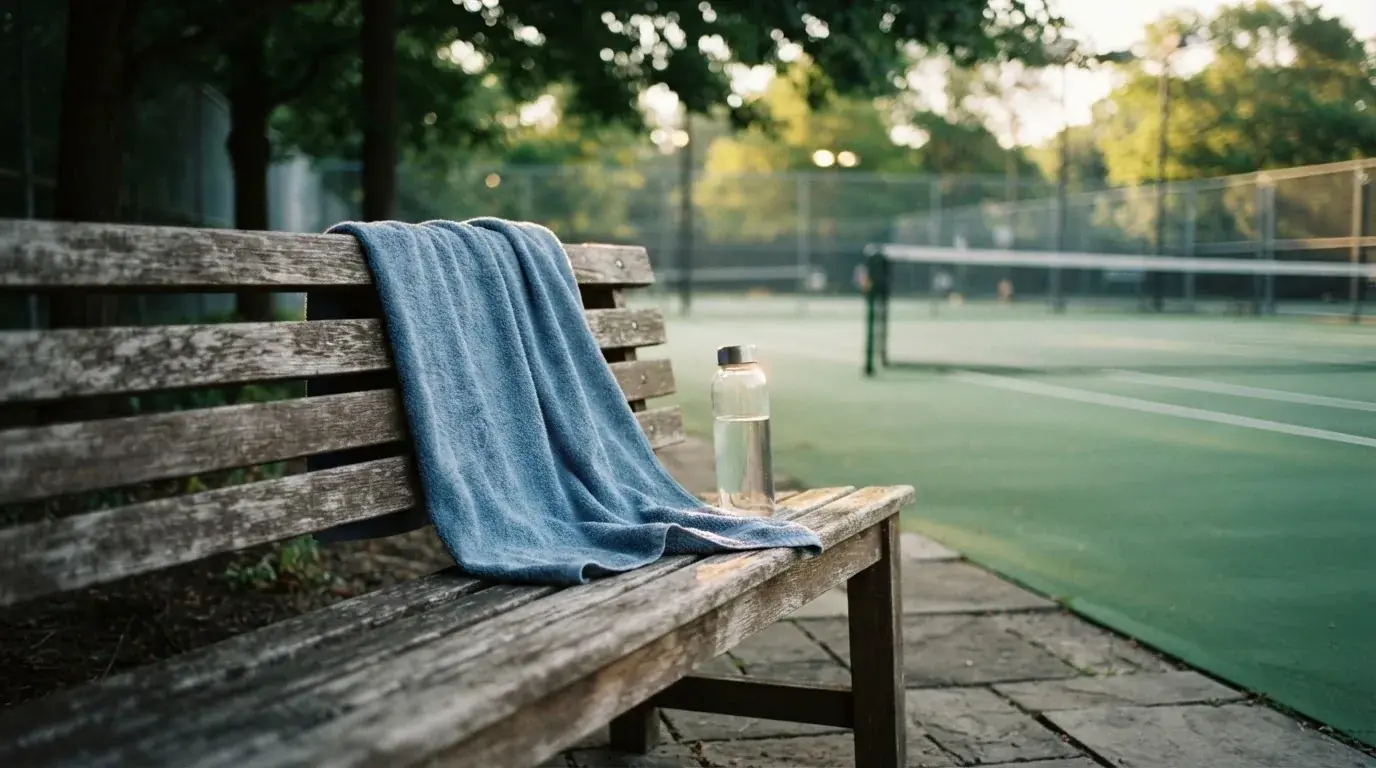 Ein Handtuch liegt über einer Bank am Spielfeldrand neben einer Wasserflasche im Schatten des späten Nachmittags.