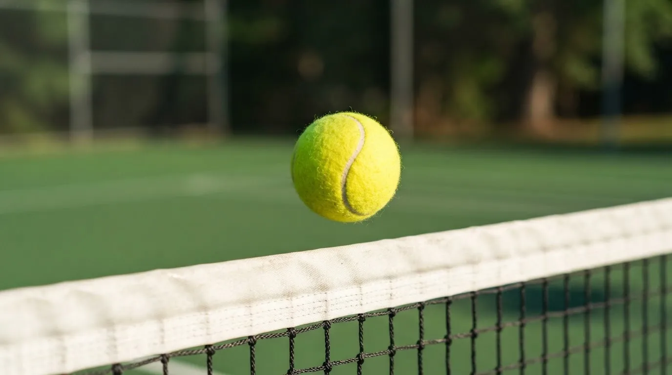 Ein Tennisball im Flug über dem Netz, der grüne Platz darunter ist unscharf, keine Spieler sind zu sehen.