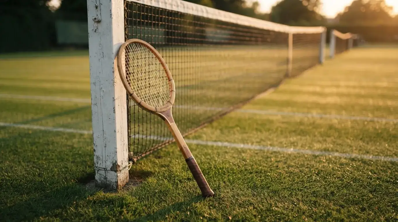 Ein Tennisschläger lehnt an einem Netzpfosten, die Saiten sind scharf zu sehen, dahinter ein leerer Rasenplatz.