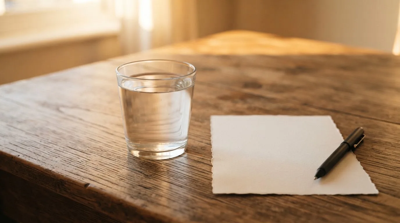 Ein Glas steht bis zum Rand gefüllt auf einem Holztisch, daneben ein Kugelschreiber und ein leeres Blatt Papier im Seitenlicht.