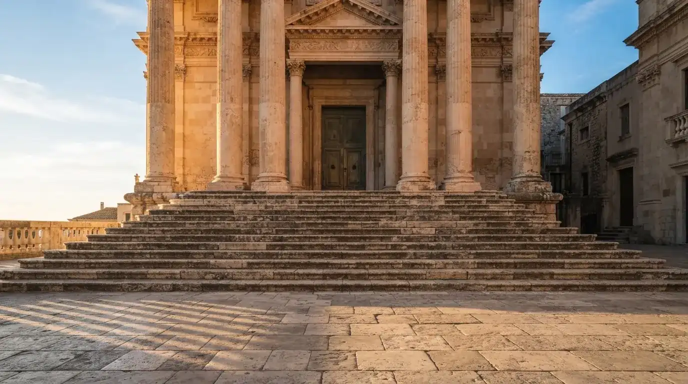 Eine steinerne Treppe führt zu einem Portal mit Säulen im Morgenlicht, der Platz davor ist leer.