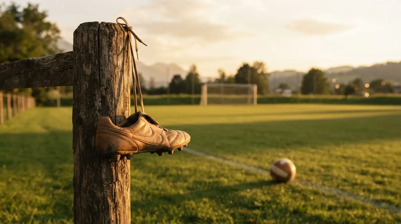 Ein Fussballschuh hängt an den Schnürsenkeln an einem Zaunpfosten neben einem Trainingsplatz im Abendlicht.
