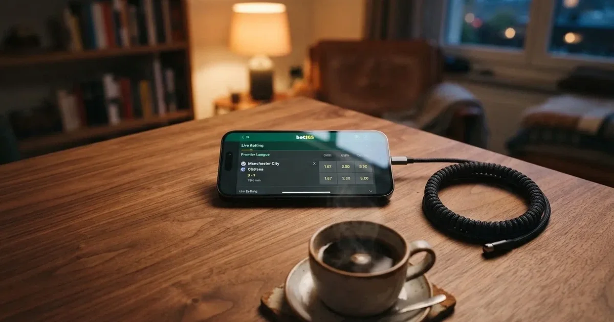 Ein Smartphone mit dunklem Display liegt auf einem Holztisch neben einem Ladekabel und einer Kaffeetasse.