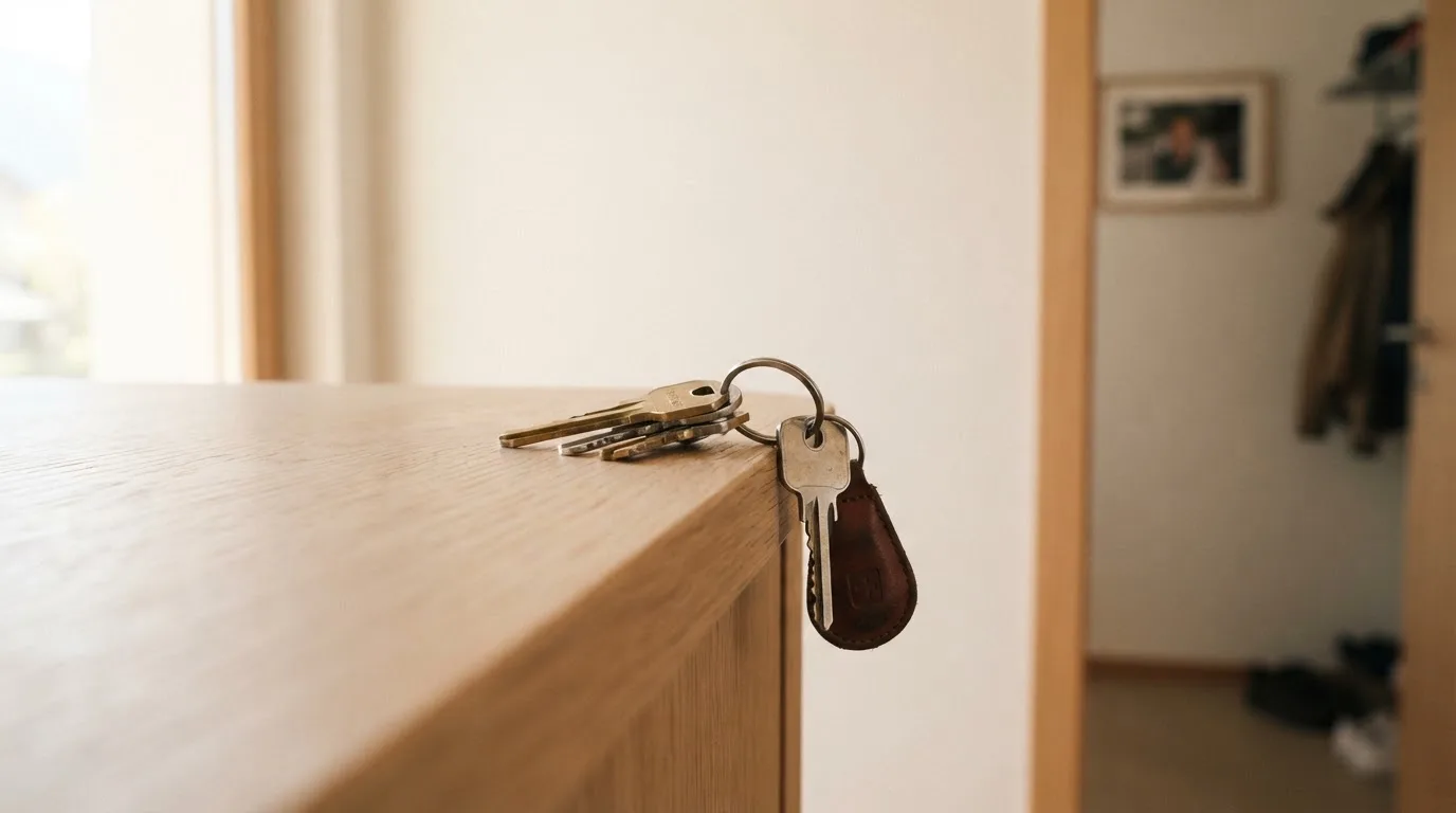 Ein Schlüsselbund mit mehreren Schlüsseln liegt auf einem Holztresen in einem hellen Raum.