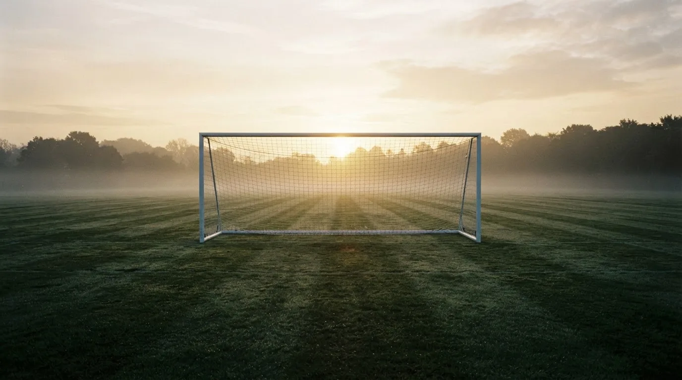 Ein Torpfosten mit Netz steht im Gegenlicht auf einem leeren Fussballplatz, über dem Rasen liegt Nebel.