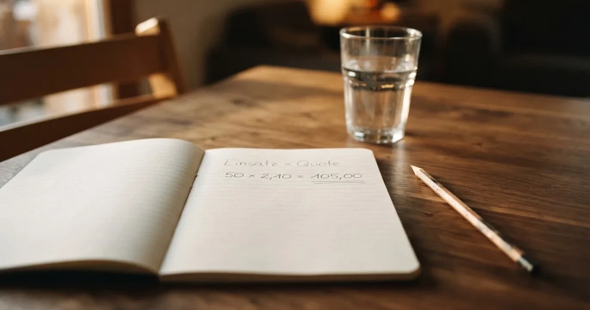 Ein Taschenrechner und ein Bleistift liegen auf einem Holztisch, daneben steht ein halb gefülltes Glas Wasser.